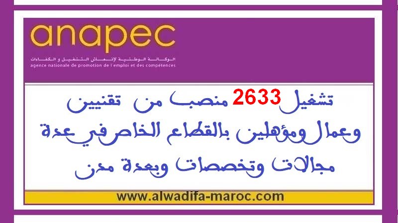 الوكالة الوطنية لإنعاش التشغيل والكفاءات: تشغيل 2633 منصب من  تقنيين وعمال ومؤهلين بالقطاع الخاص في عدة مجالات وتخصصات وبعدة مدن	