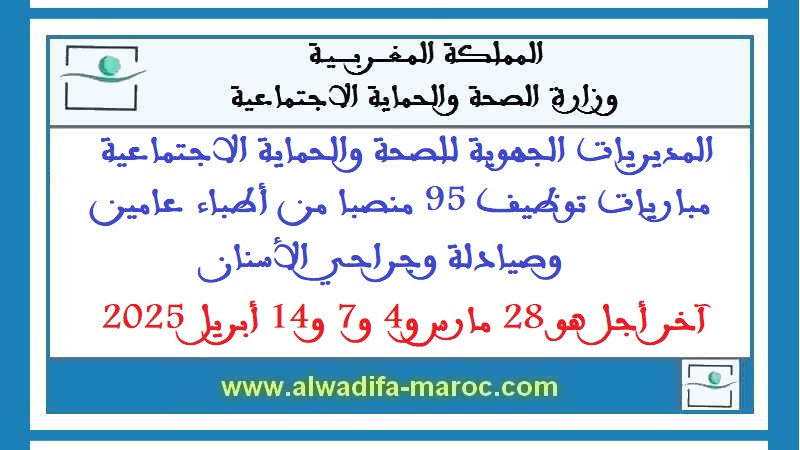 المديريات الجهوية للصحة والحماية الاجتماعية: مباريات توظيف 95 منصبا من أطباء عامين وصيادلة وجراحي الأسنان. آخر أجل هو 28 مارس و4 و7 و14 أبريل 2025